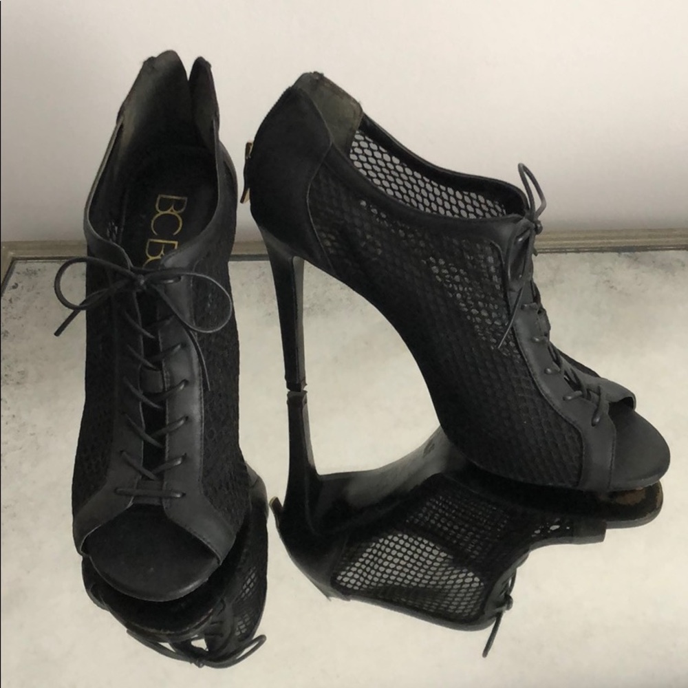 Black “fishnet” BCBG heels